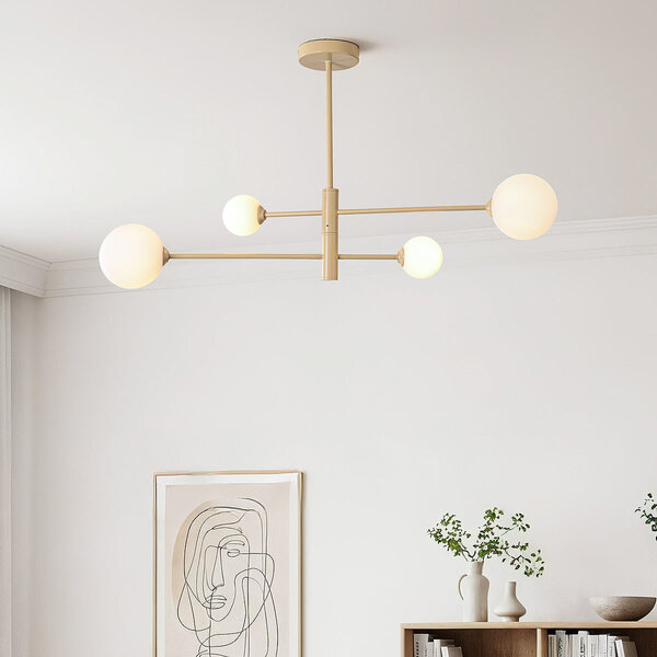 Beige taklampa Stiri 4-ljus med mjölkvitt glas