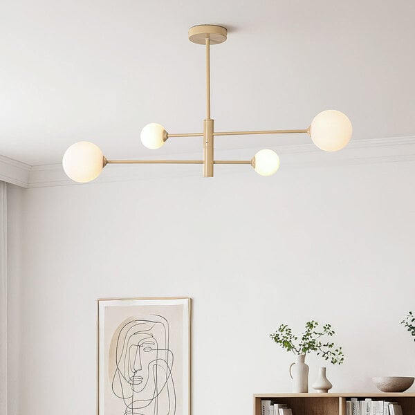Taklampa Stiri med fyra lampor - beige med mjölkvitt glas