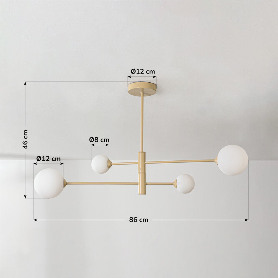 Taklampa Stiri med fyra lampor - beige med mjölkvitt glas