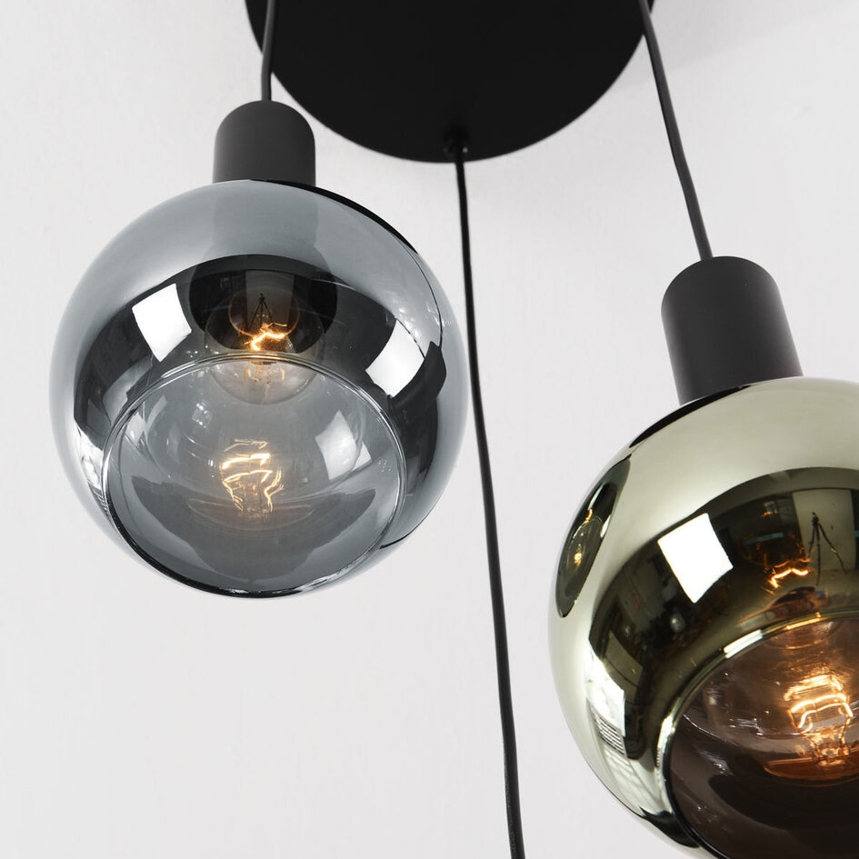 Design taklampa Imme med gråblått rök-, grönt och kopparglas – 3-ljus