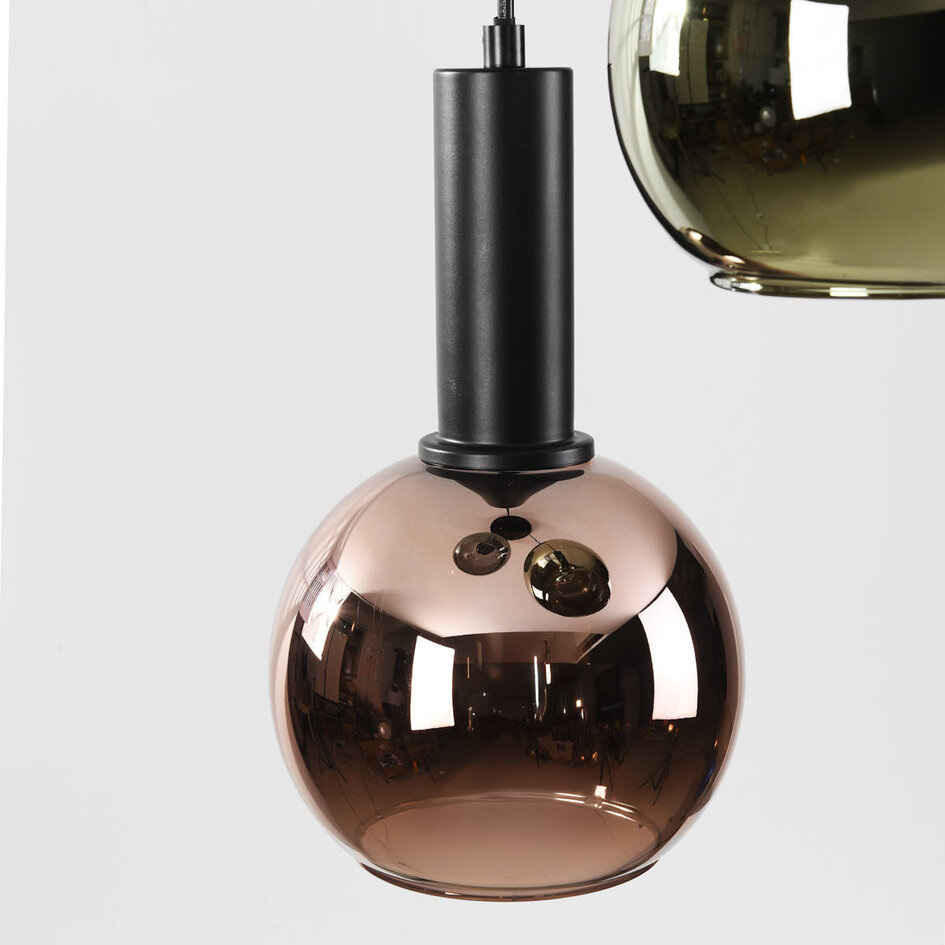 Design taklampa Imme med gråblått rök-, grönt och kopparglas – 3-ljus