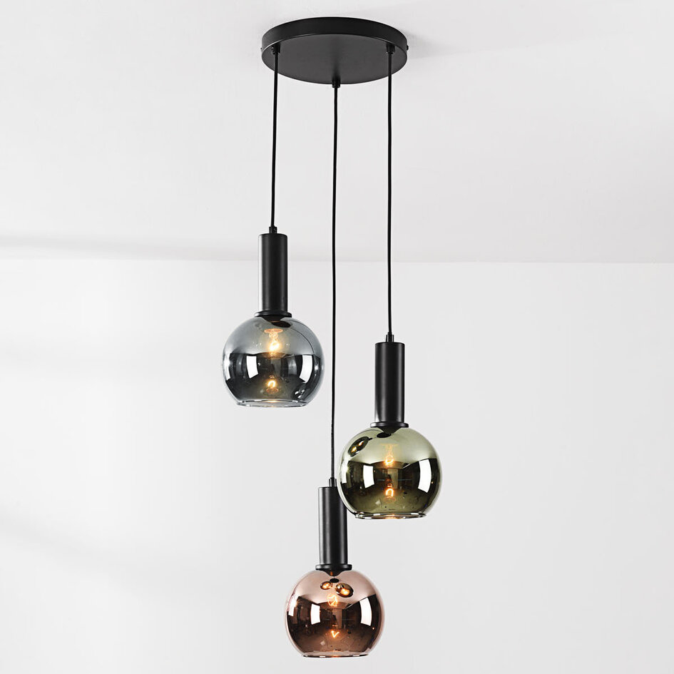 Design taklampa Imme med gråblått rök-, grönt och kopparglas – 3-ljus