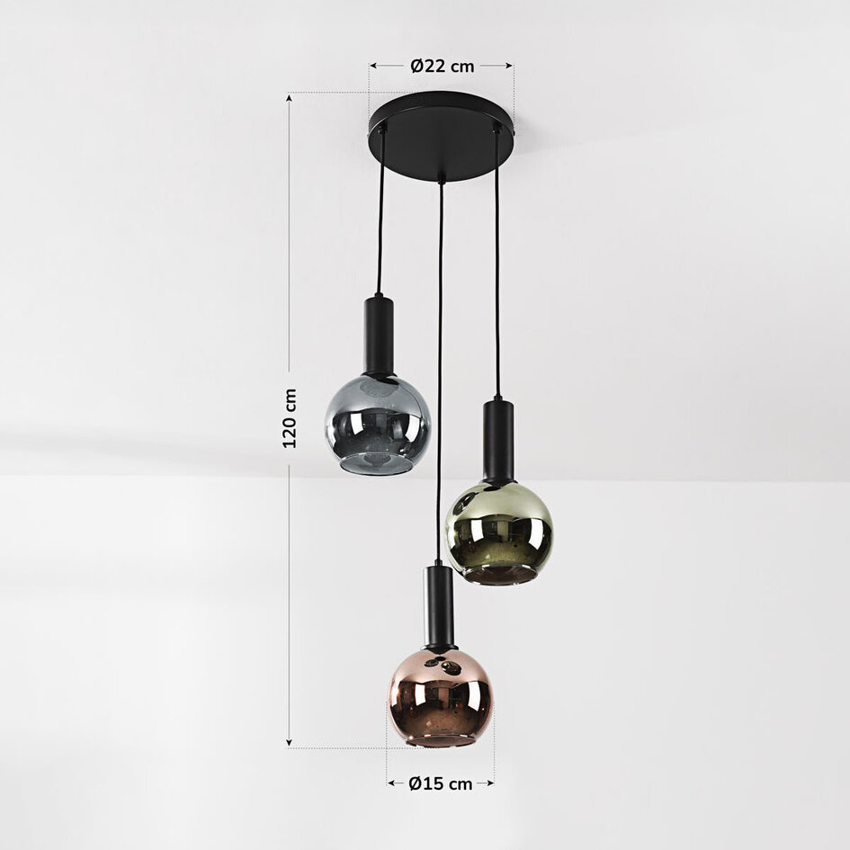 Design taklampa Imme med gråblått rök-, grönt och kopparglas – 3-ljus