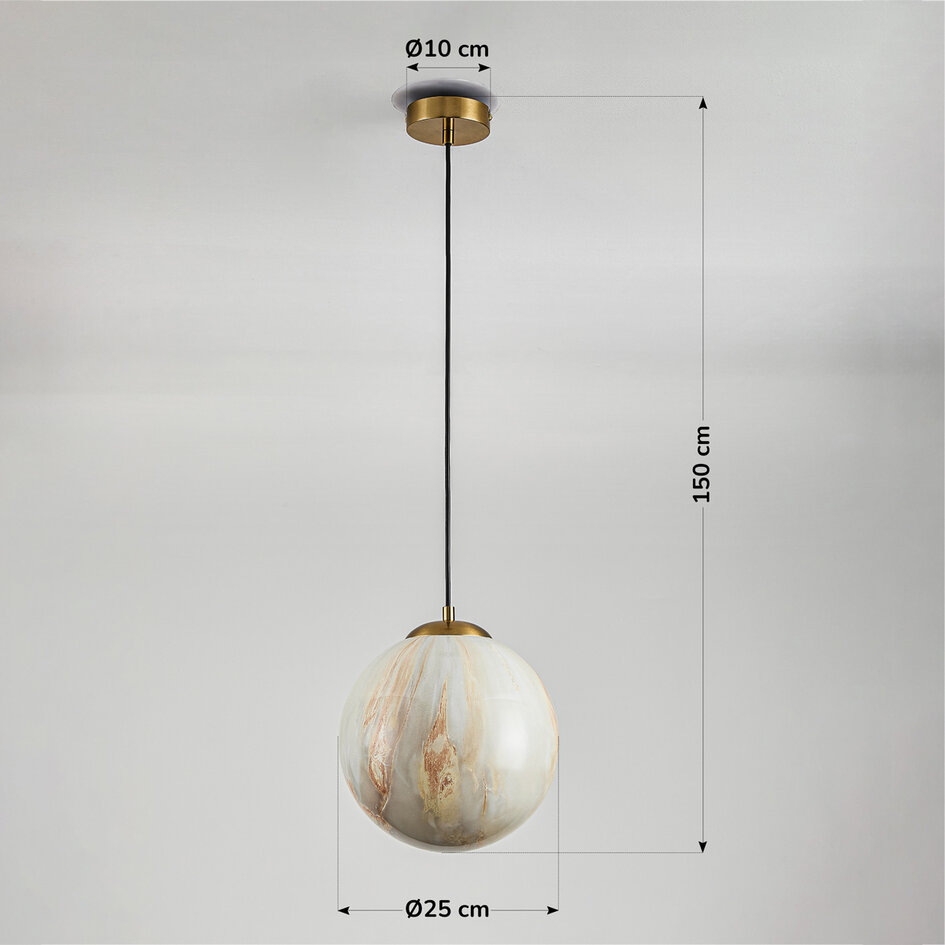Pendellampa Tessra med en lampa - glas i marmorutseende och gyllene mässing