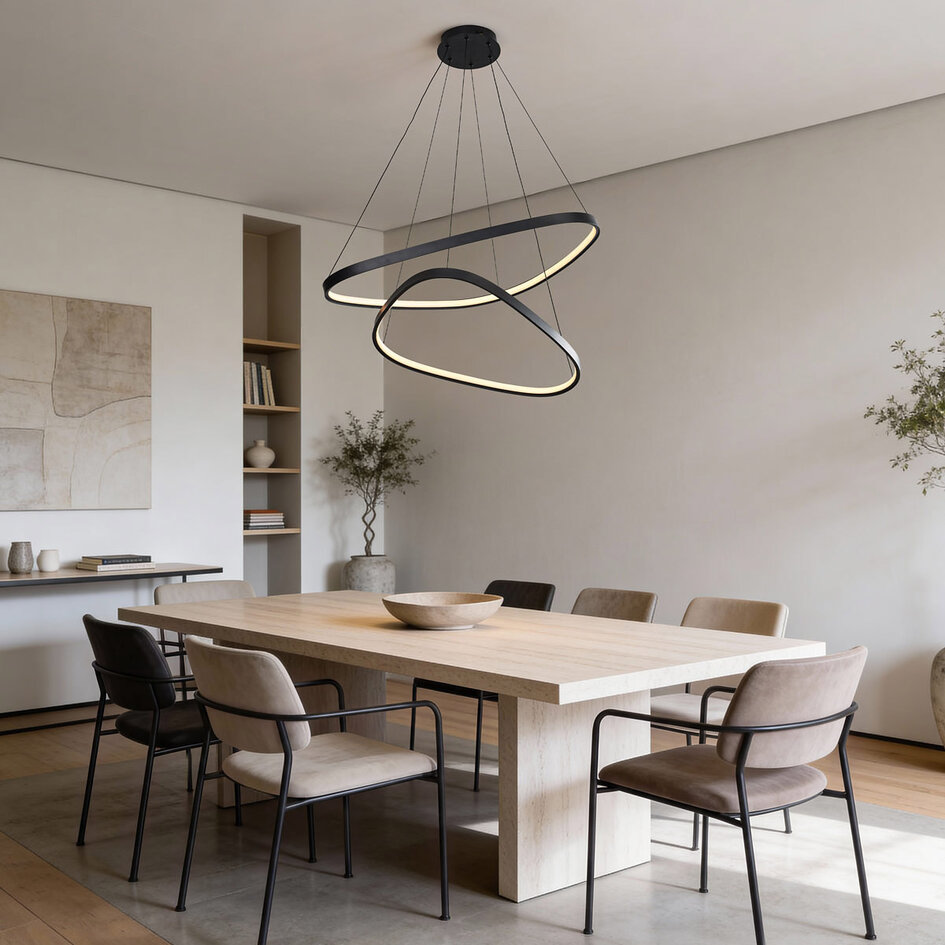 3-stegs dimbar design taklampa Nivara med dubbla LED-ringar i svart