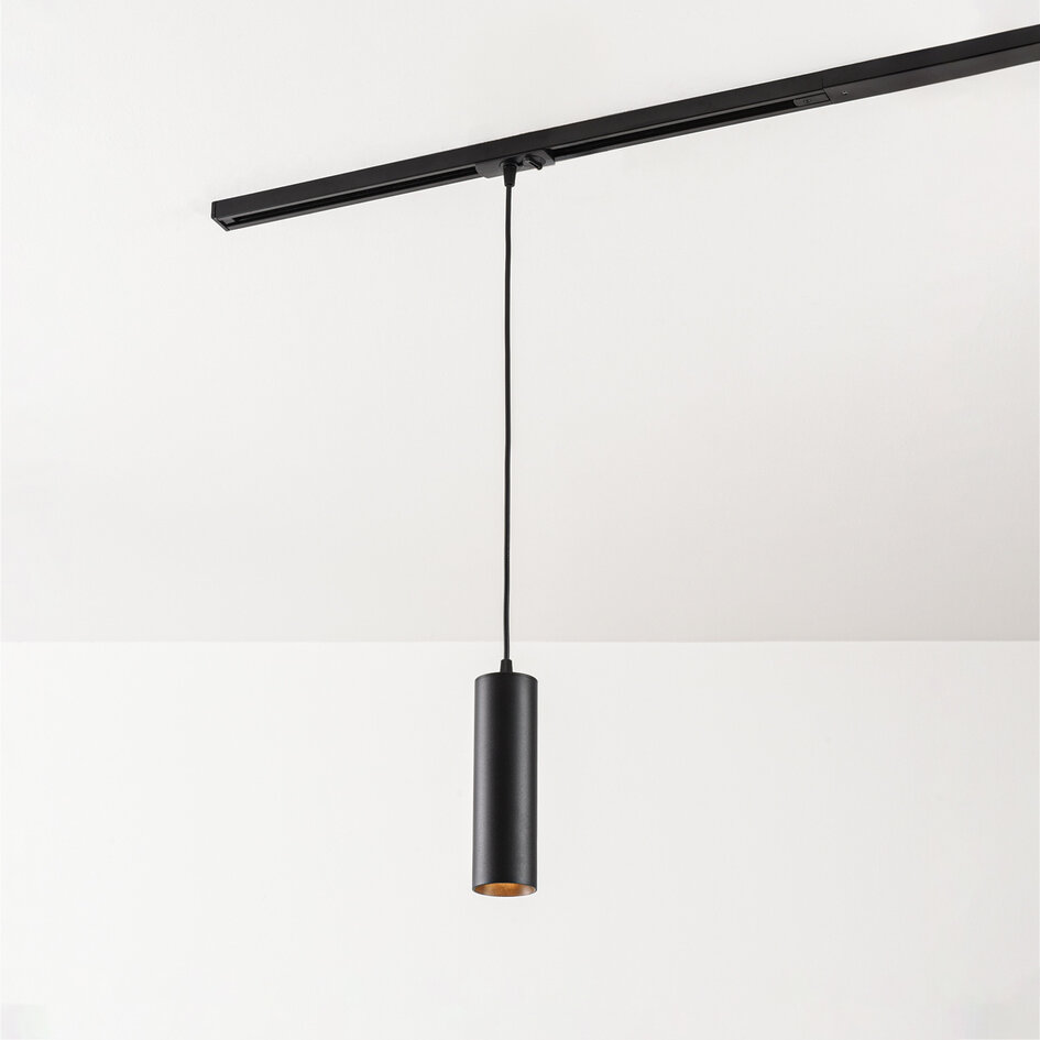 Cylinderformad pendellampa Simon 1-fas, svart med textilsladd