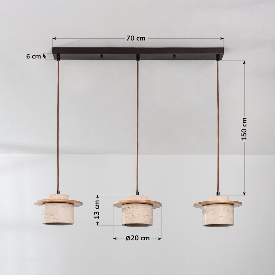 3-ljus japandi taklampa Travia i travertin (natursten) och ljust trä