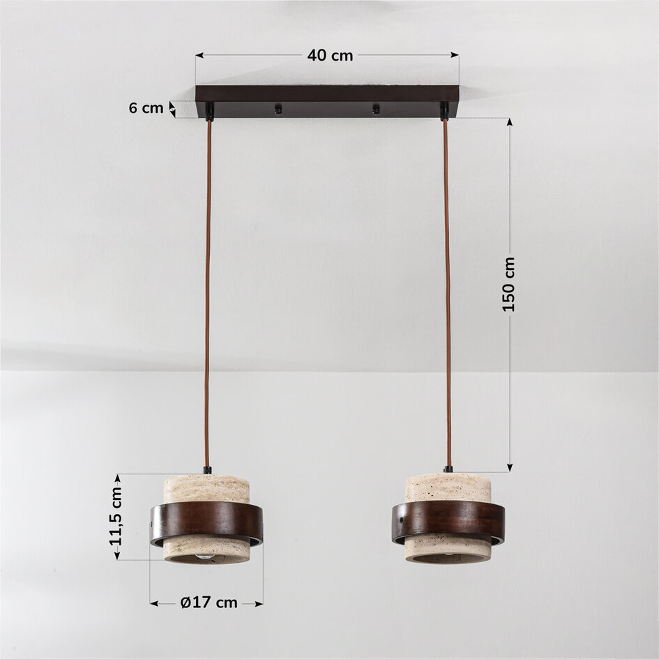 2-ljus taklampa Travé i travertin (natursten) och trä
