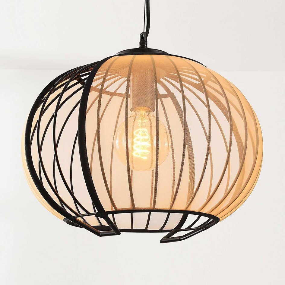 Pendellampa Lofas - öppen metallskärm med beige tyg