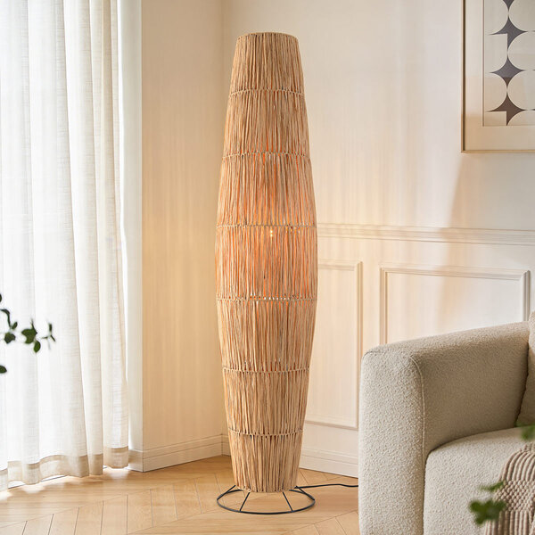 Golvlampa Plecta i raffiapapper med svart metallfot - 140 cm
