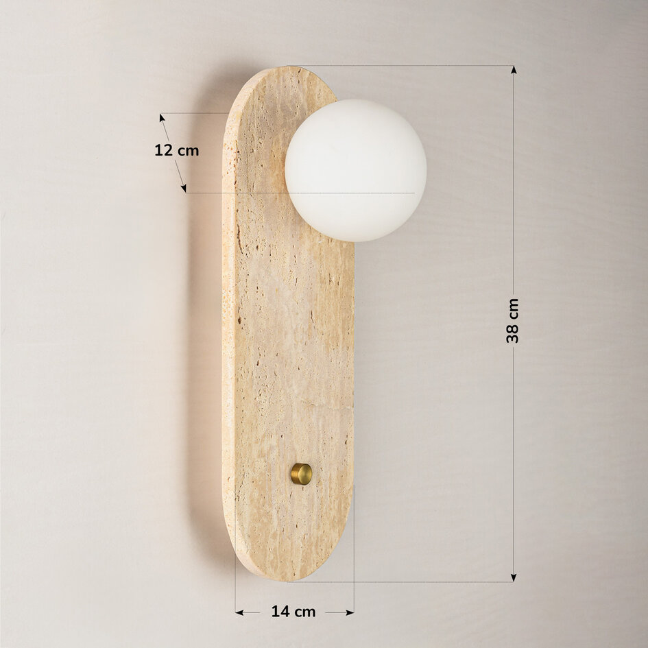 Vägglampa Onda i travertin (natursten) och mjölkvitt glas