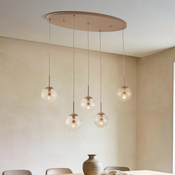 Modern taklampa Alea i beige med transparenta glaskulor, 5-ljus
