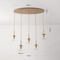 Pendellampa Alea med fem lampor - beige med transparenta glaskulor