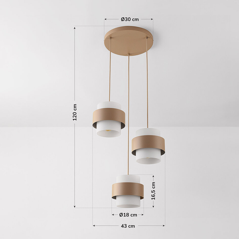 Pendellampa Kodi med tre lampor - beige med mjölkvita glasskärmar