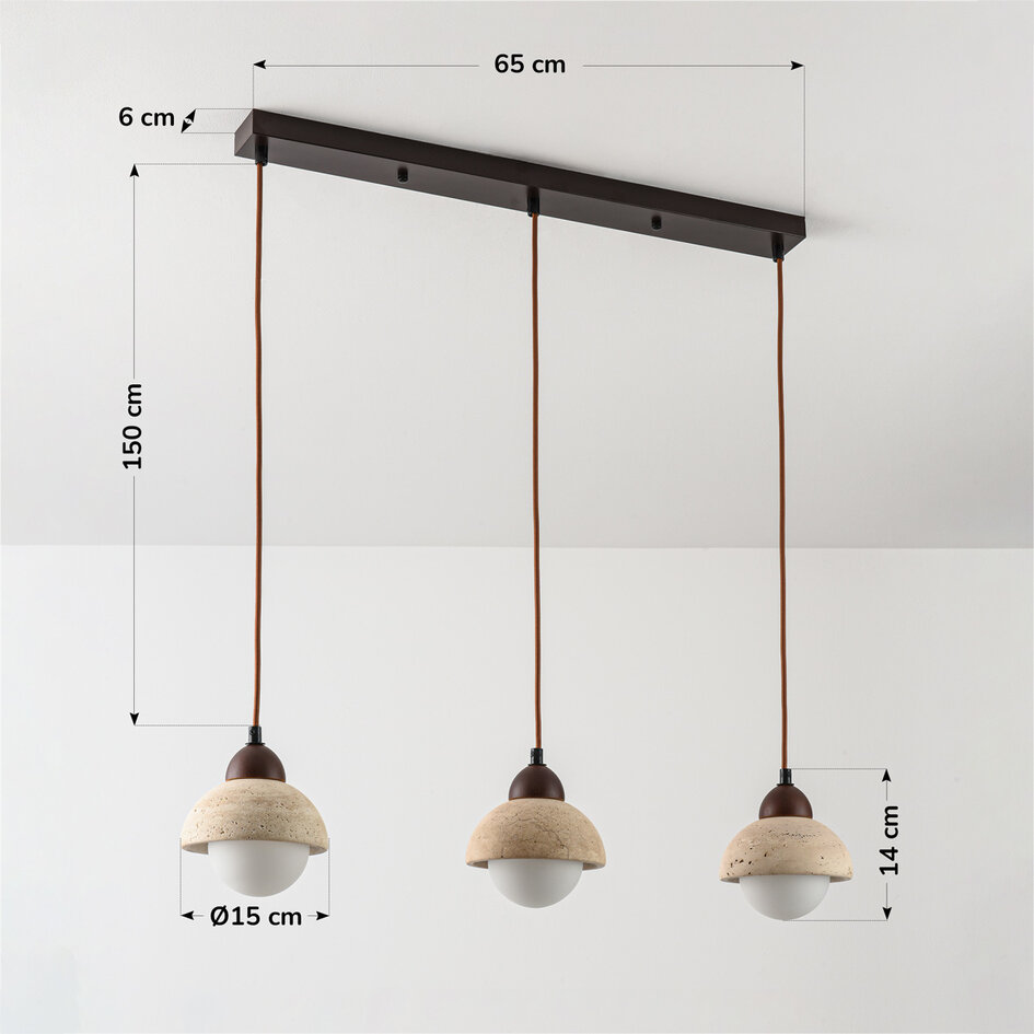 3-ljus taklampa Vado i travertin (natursten), trä och glas