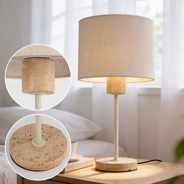 Bordslampa Aurea med linneskärm och travertineffekt - beige