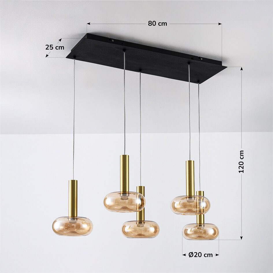 Pendellampa Valira med fem lampor - amberfärgat glas med gulddetaljer, fjärrkontroll och dimbar