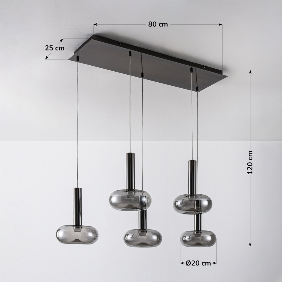 Pendellampa Valira med fem lampor - svart krom med rökfärgat glas, fjärrkontroll och dimbar
