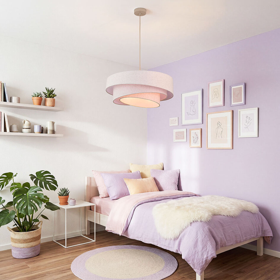 Pendellampa Nerai med tre lampor - beige med skiktade linneskärmar