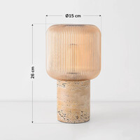 Bordslampa Aurex med räfflat amberfärgat glas och travertinlook
