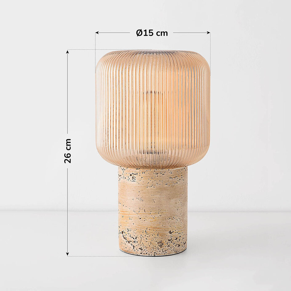Bordslampa Aurex med räfflat amberfärgat glas och travertinlook