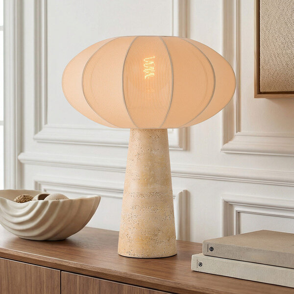 Bordslampa Merox i Japandistil med tygskärm och travertinlook