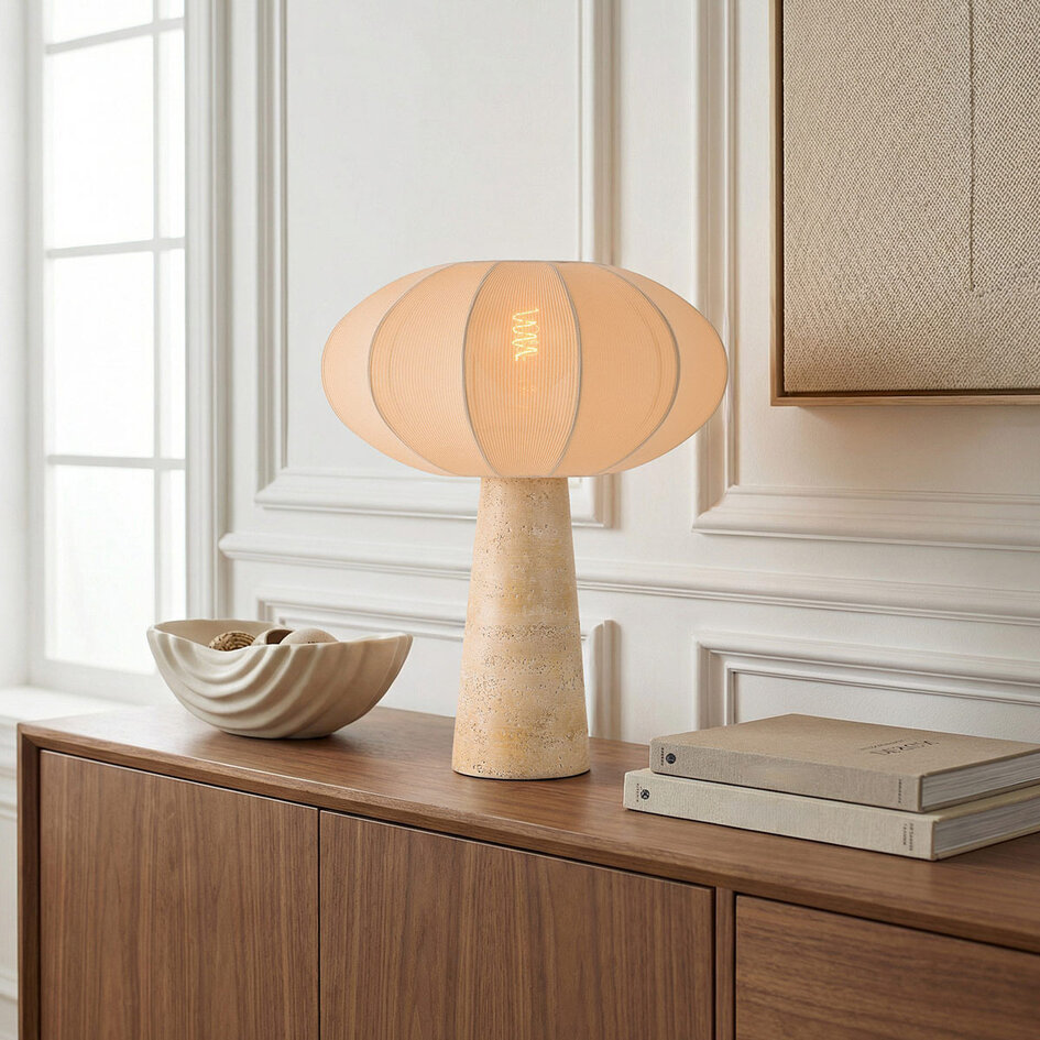 Bordslampa Merox i Japandistil med tygskärm och travertinlook