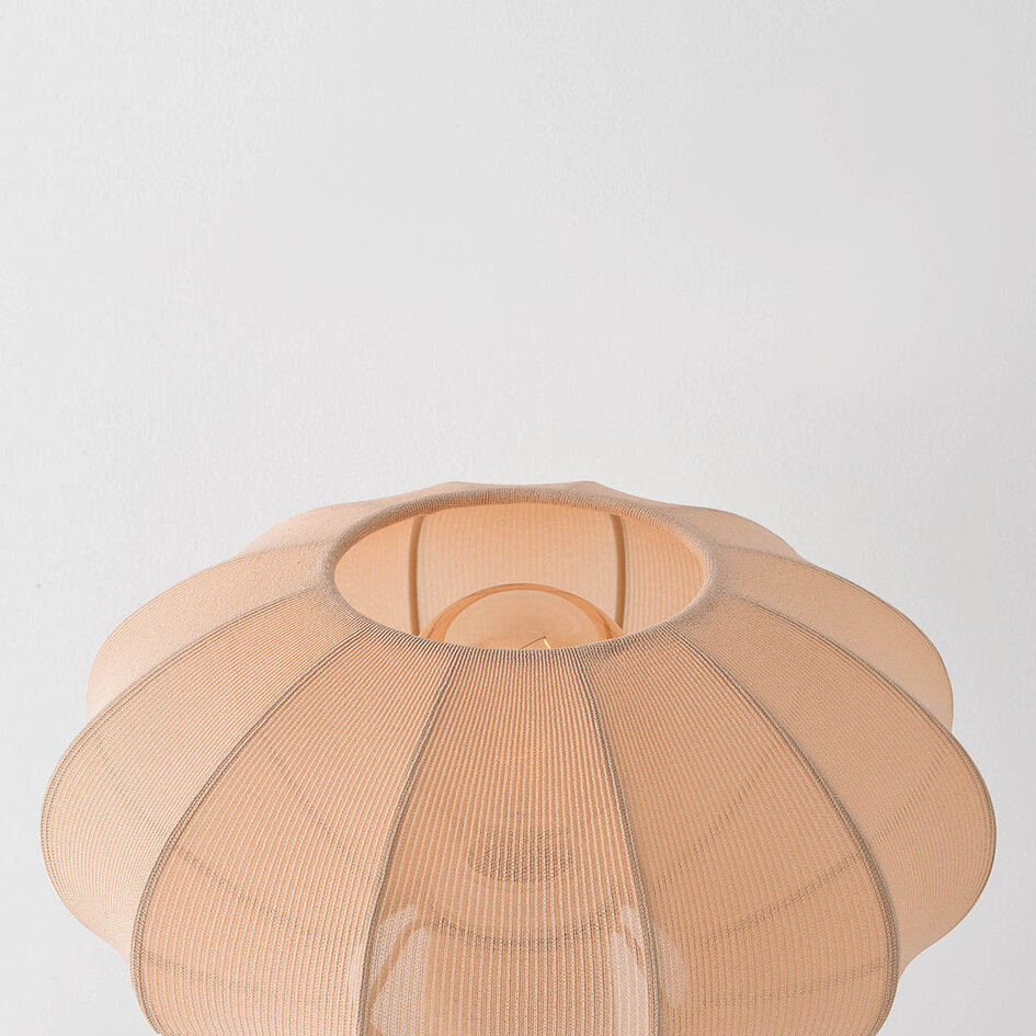 Bordslampa Merox i Japandistil med tygskärm och travertinlook