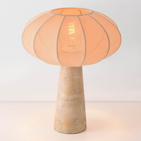 Bordslampa Merox i Japandistil med tygskärm och travertinlook