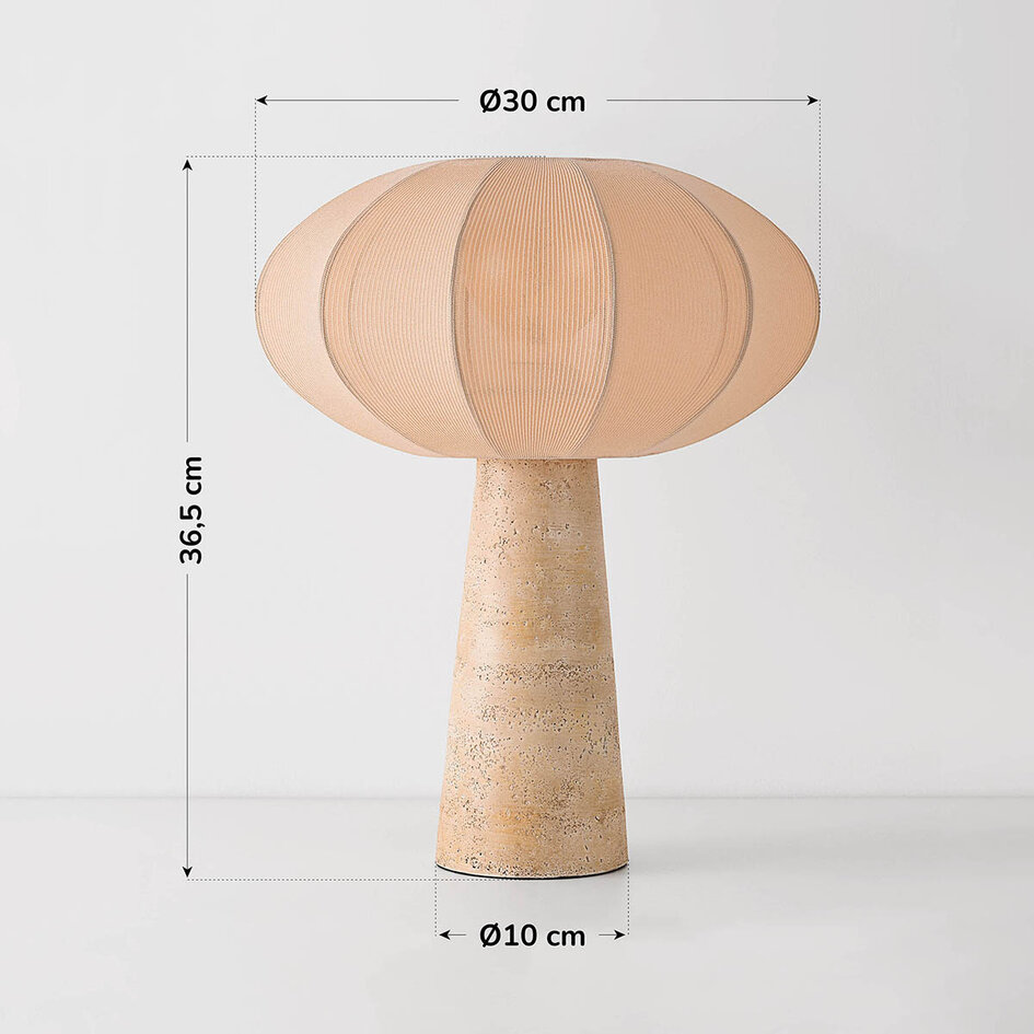 Bordslampa Merox i Japandistil med tygskärm och travertinlook