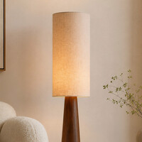 Golvlampa Liera med linneskärm och träfot