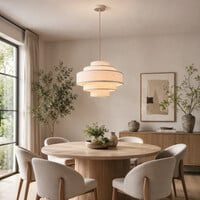 Pendellampa Zavon med skiktade linneskärmar i benvitt