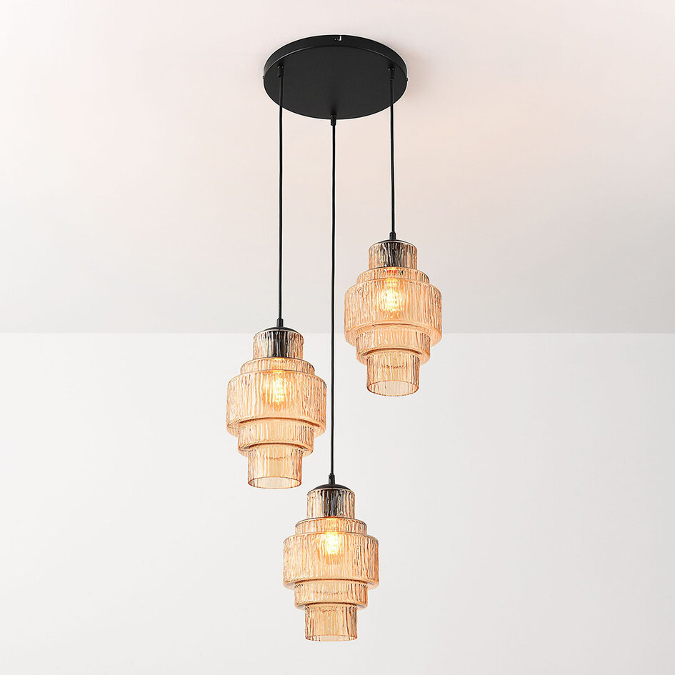 3-ljus design taklampa med bärnstensfärgat glas - Orina