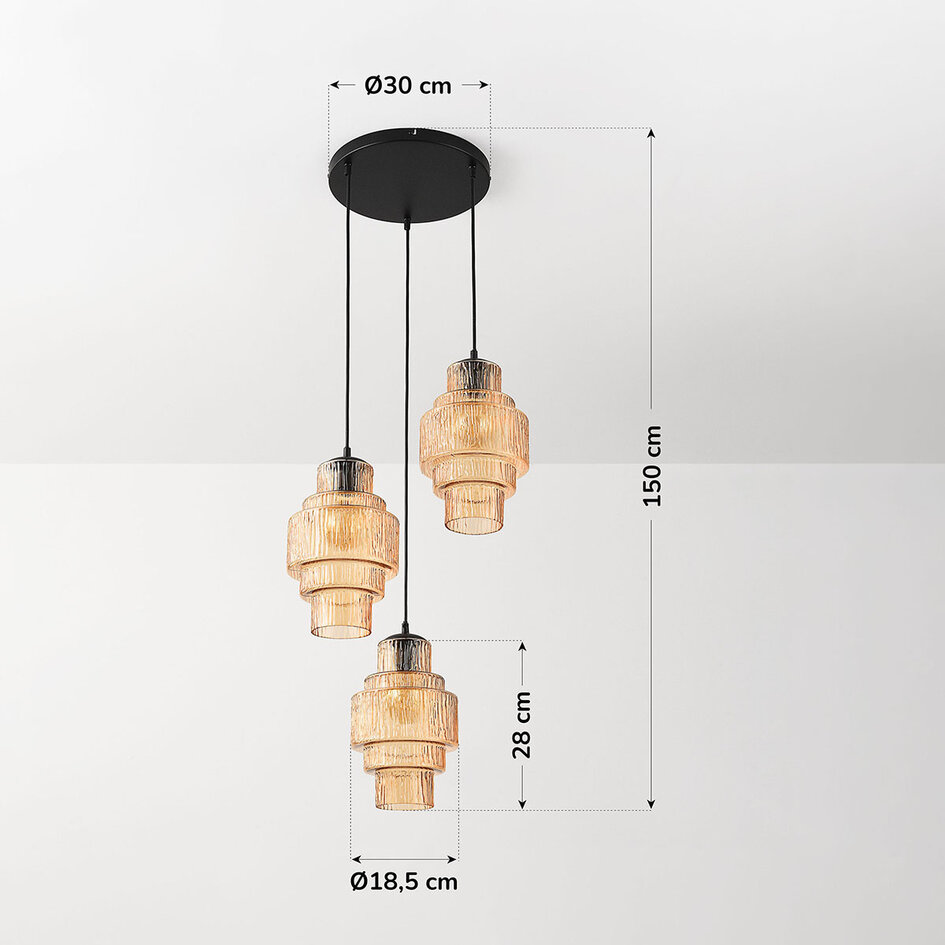 3-ljus design taklampa med bärnstensfärgat glas - Orina