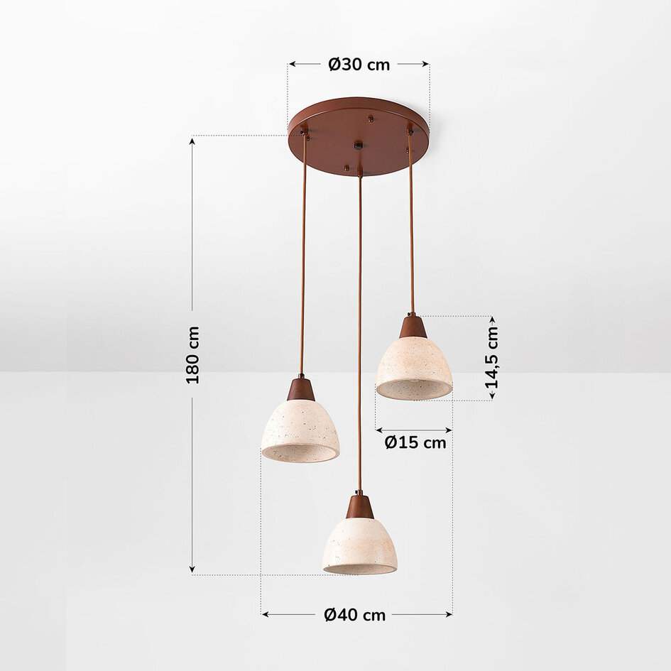 3-ljus japandi taklampa Marena i travertin (natursten) och trä