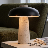 Bordslampa Tavio i Japandistil av travertin (natursten) med svart skärm
