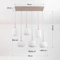 Pendellampa Odalyn med sex lampor - beige med räfflat mjölkvitt glas