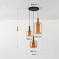Pendellampa Pendu med tre lampor, guld och amberglas