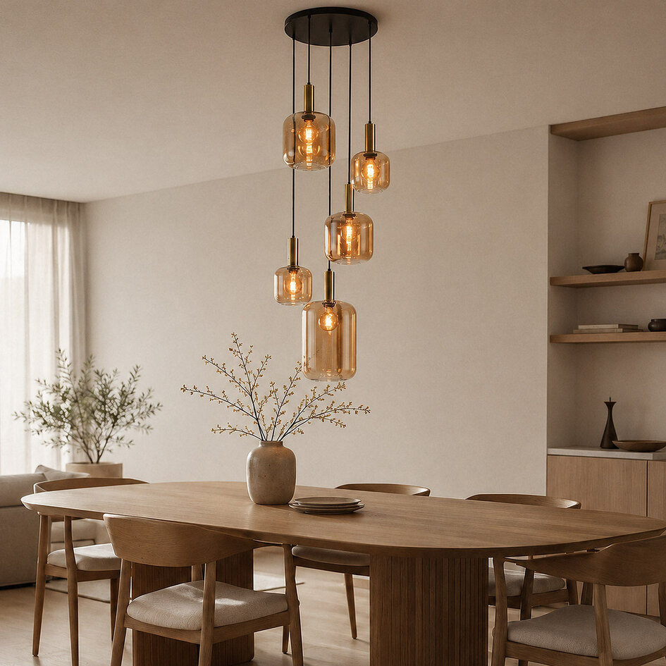 Pendellampa Cinque med fem lampor, guld och amberglas