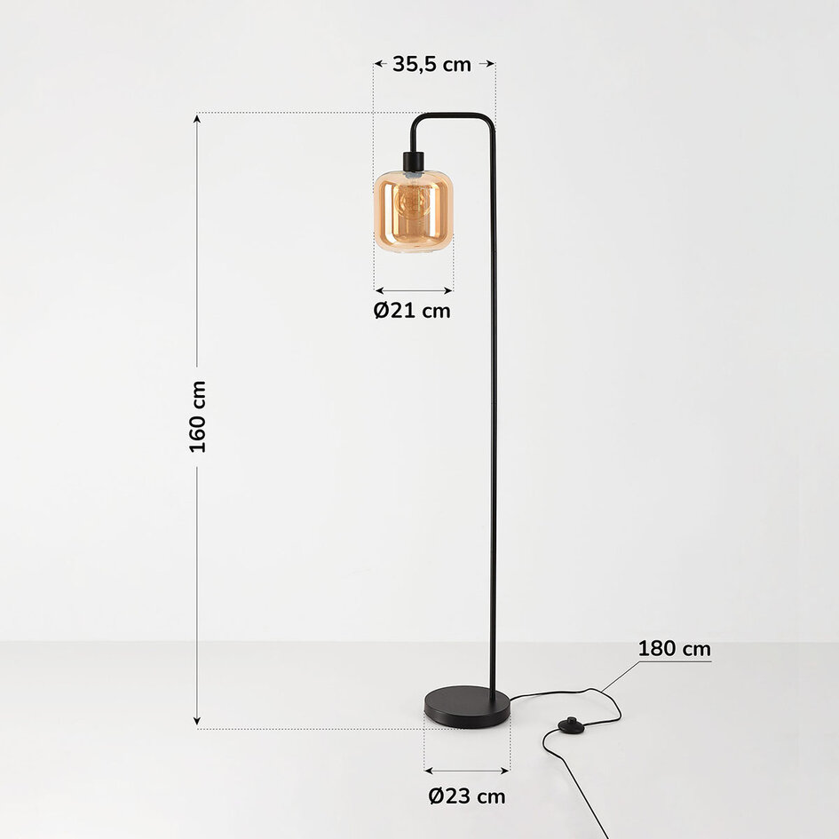 Golvlampa Piedi i svart med amberglas