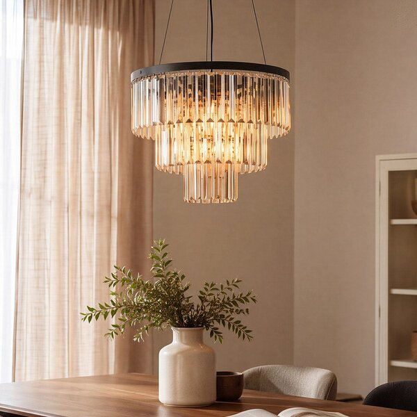 Pendellampa Kristal med tre lampor, kristaller i amberglas