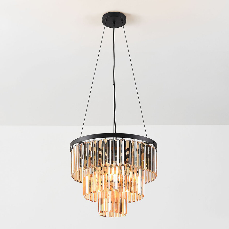 Pendellampa Kristal med tre lampor, kristaller i amberglas
