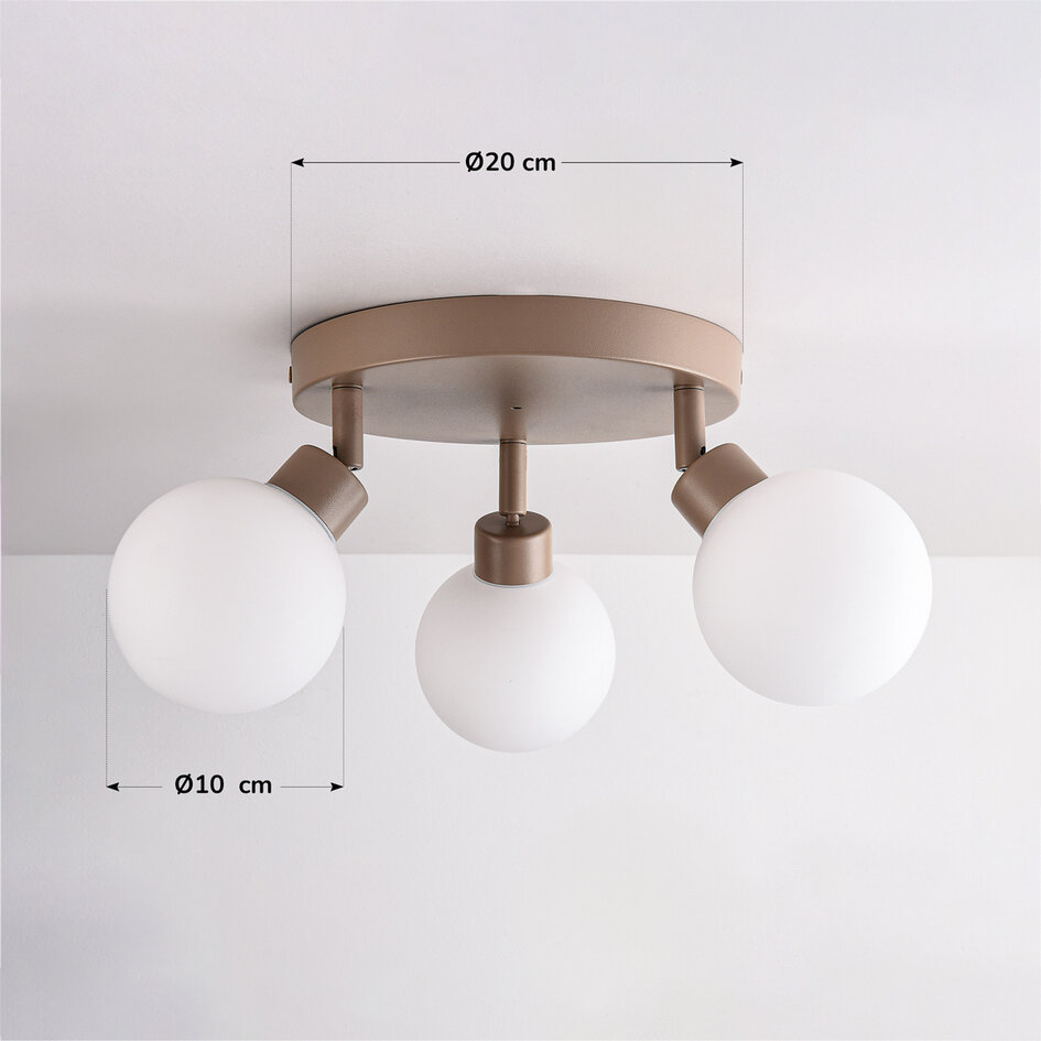 Taklampa Zano med 3 vridbara ljuspunkter - sandbeige med mjölkvitt glas