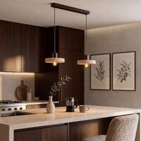 Japandi taklampa Florinda med travertin (natursten) och trä, 2-ljus