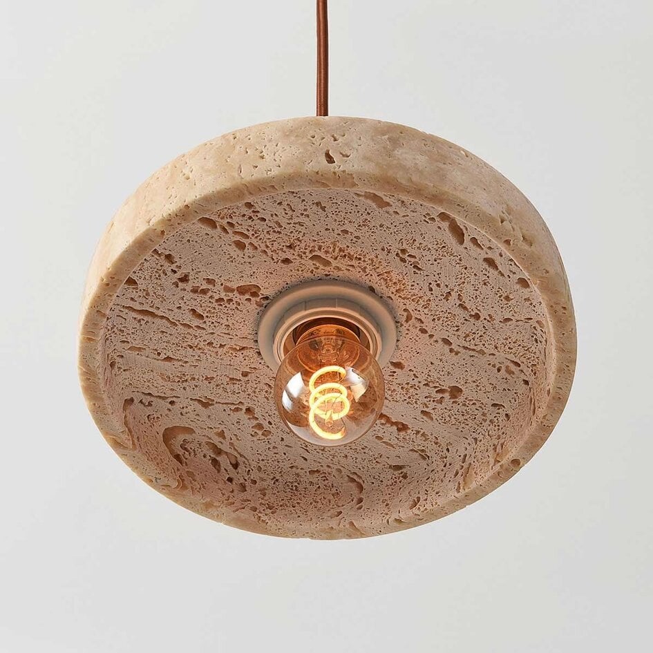 Japandi taklampa Florinda med travertin (natursten) och trä, 2-ljus
