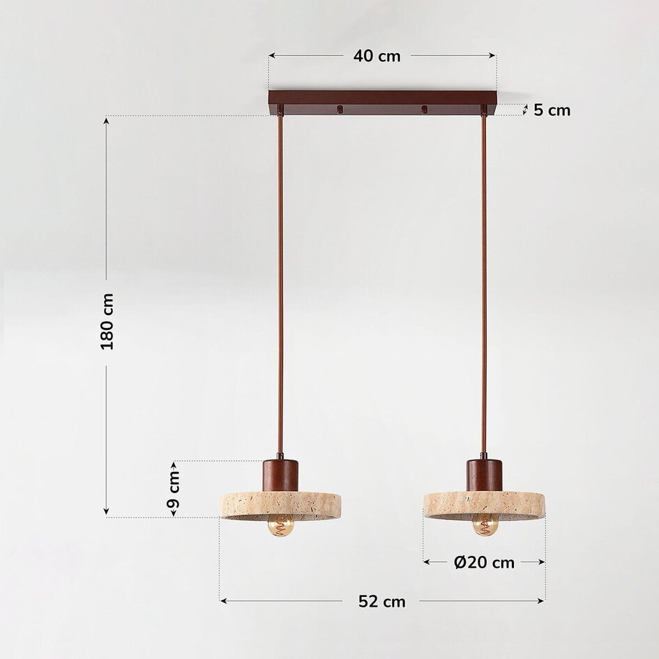 Japandi taklampa Florinda med travertin (natursten) och trä, 2-ljus