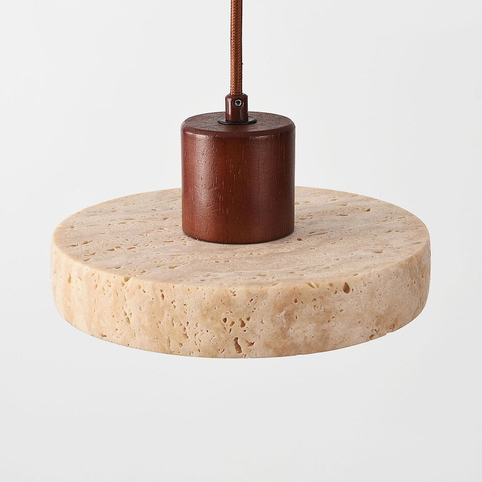 Japandi taklampa Florinda med travertin (natursten) och trä, 2-ljus