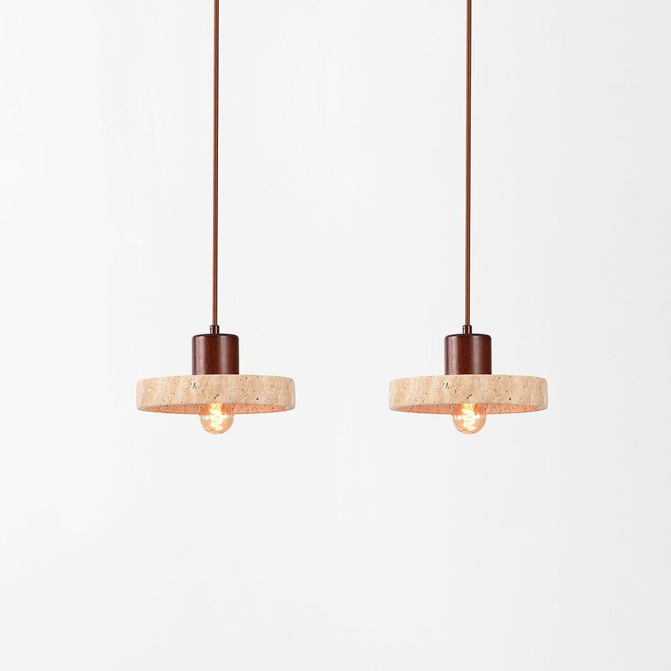 Japandi taklampa Florinda med travertin (natursten) och trä, 2-ljus