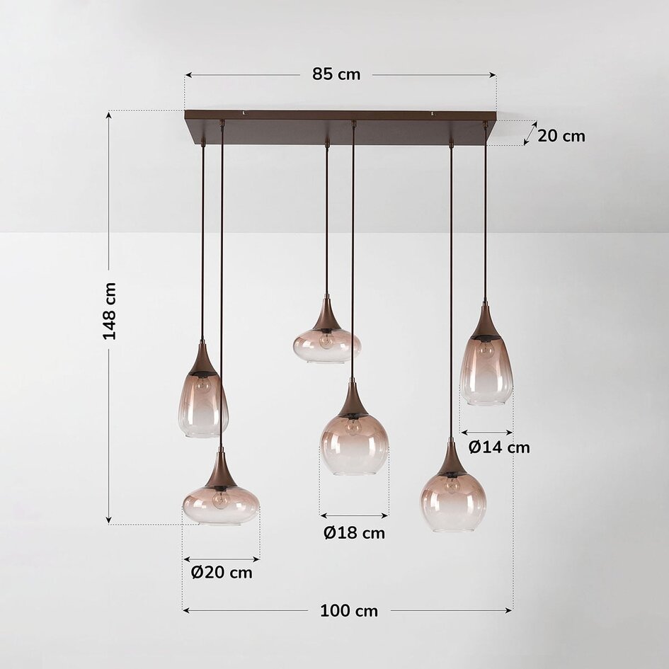 6-ljus taklampa Loic med ombréglas - brun