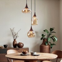 Pendellampa med bärnstensfärgat glas och mörk träoptik, 3-ljus - Loua